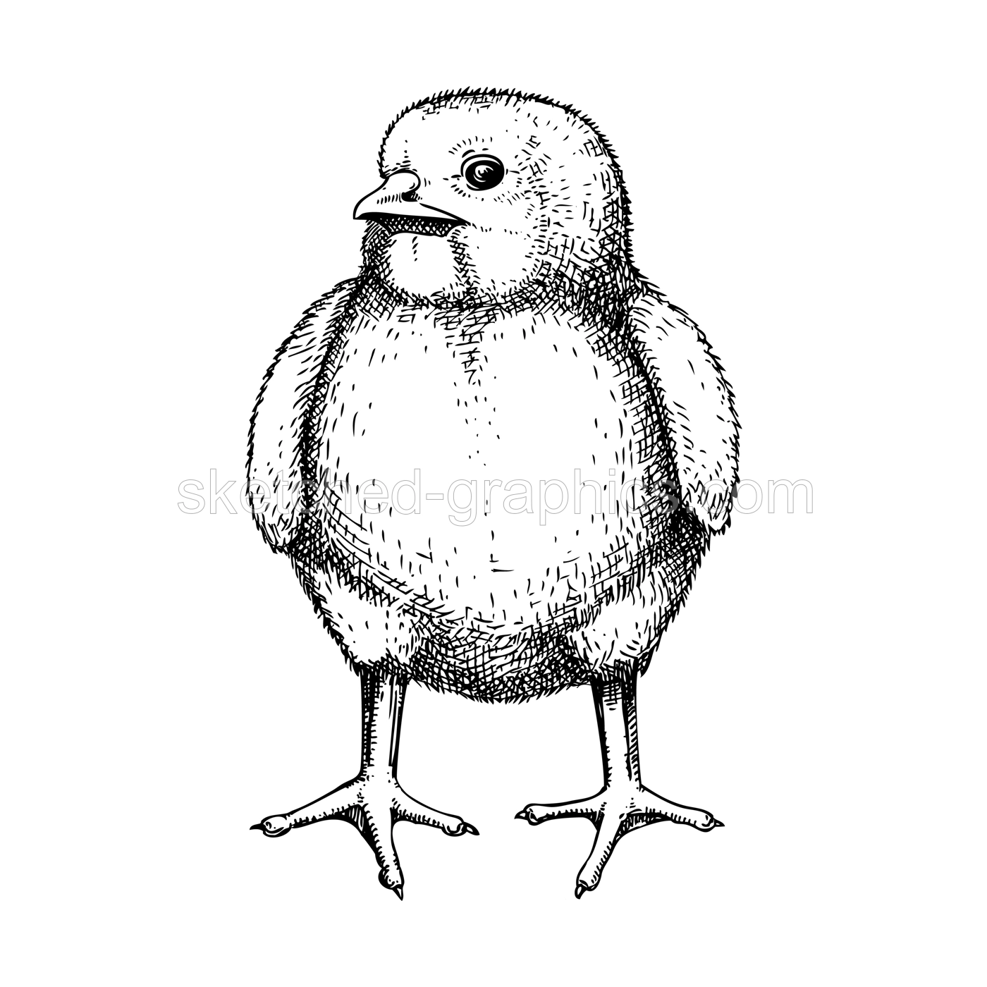 Hand drawn chicken sketch. Cute black contoured chick drawings. Little lovely feathered baby bird in engraved style. Vector illustration isolated on white background Illustration